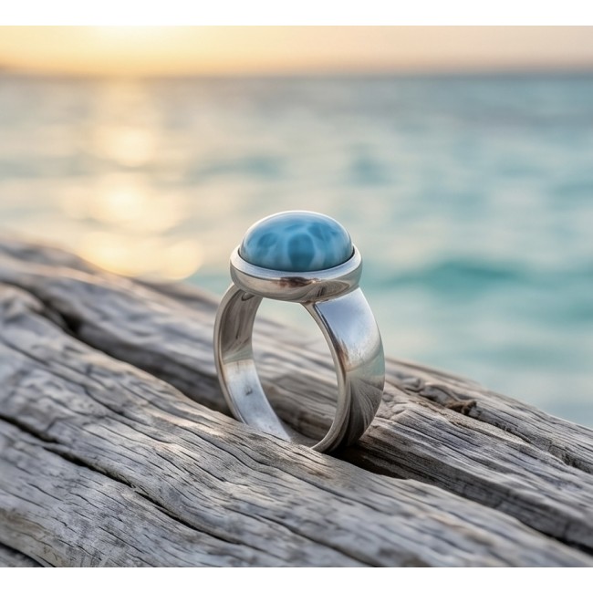 7.9 carat Blue Perfection natural Larimar .925 Sterling Silver handmade ring size 7 1/4 - Side view of natural Larimar ring on driftwood with ocean backdrop