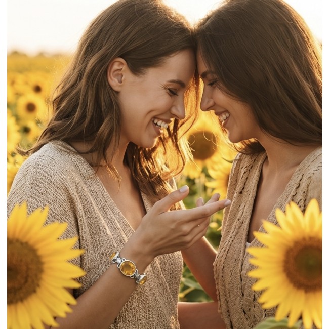 Spectacular oval cut 65.5 carat Lemon Quartz .925 Sterling Silver handcrafted bracelet - Bracelet worn on wrist among sunflowers, featuring oval cut Lemon Quartz.