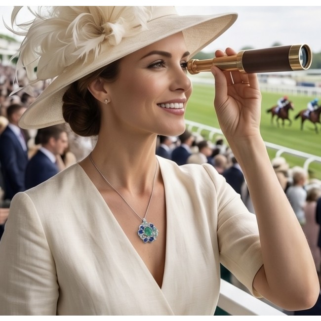 Giovanna - Victorian style - 29.5 carat Authentic Emerald .925 Sterling Silver handcrafted Pendant Brooch - Woman wearing Giovanna Victorian necklace at horse racing event, side view.