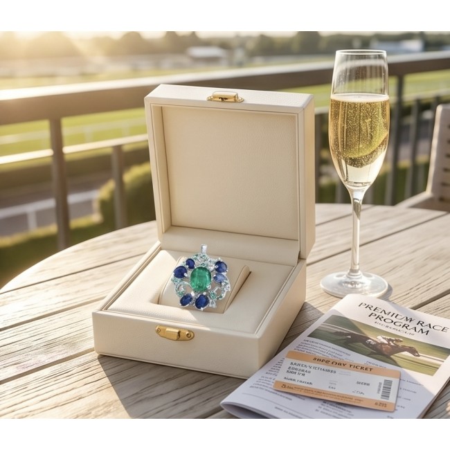Giovanna - Victorian style - 29.5 carat Authentic Emerald .925 Sterling Silver handcrafted Pendant Brooch - Victorian style ring with emerald in a box on table with champagne and program.