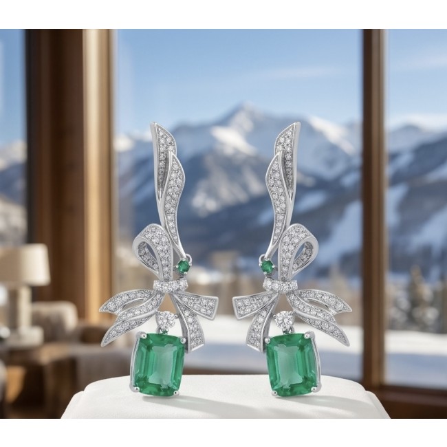 Royalty 5.9 carat authentic Himalayan Peridot .925 Sterling Silver dipped in Rhodium Handcrafted Statement Earrings - Close-up of Royalty 5.9 carat Himalayan Peridot earrings with diamonds