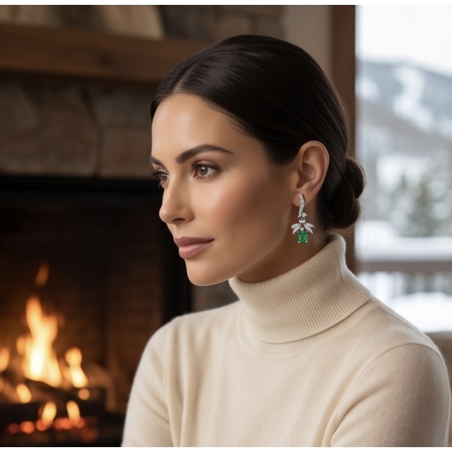 Royalty 5.9 carat authentic Himalayan Peridot .925 Sterling Silver dipped in Rhodium Handcrafted Statement Earrings - Side view of woman wearing Royalty 5.9 carat Himalayan Peridot earrings.