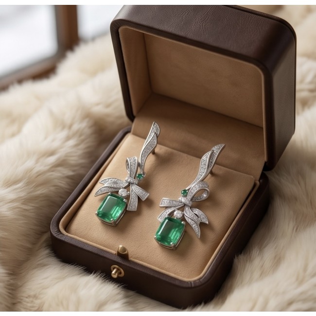 Royalty 5.9 carat authentic Himalayan Peridot .925 Sterling Silver dipped in Rhodium Handcrafted Statement Earrings - Elegant earrings with green stones in open display box, angled view