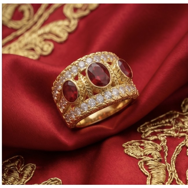 Born to Glam authentic 10.2 carat Ruby 14K Gold over .925 Silver handcrafted Ring s. 7 - Gold ring with rubies and diamonds on red fabric, side view.