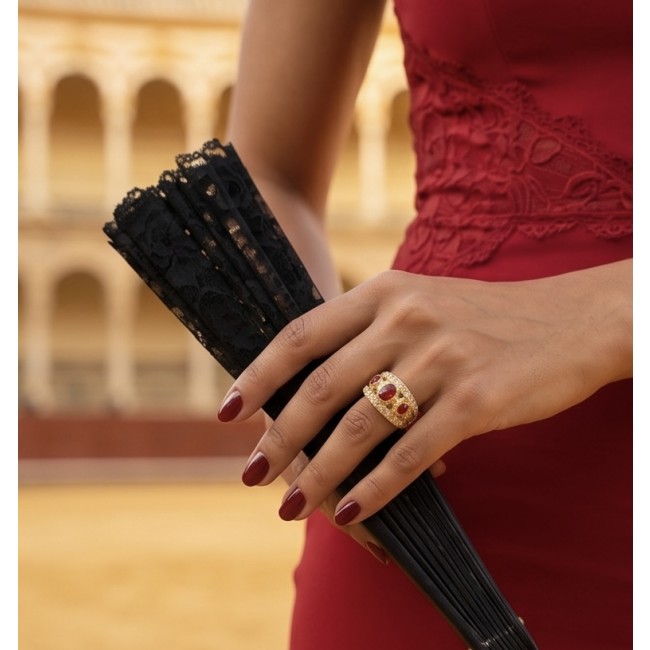 Born to Glam authentic 10.2 carat Ruby 14K Gold over .925 Silver handcrafted Ring s. 7 - Ruby ring on hand with black lace fan, close-up view.