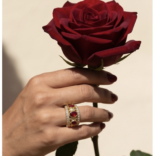 Born to Glam authentic 10.2 carat Ruby 14K Gold over .925 Silver handcrafted Ring s. 7 - Ruby gold ring worn on hand holding a red rose.