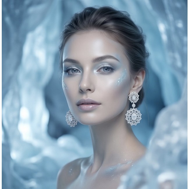 Elizabeth Natural 8.2 carat White Topaz .925 Sterling Silver handcrafted earrings - Model wearing Elizabeth 8.2 carat White Topaz earrings in icy setting