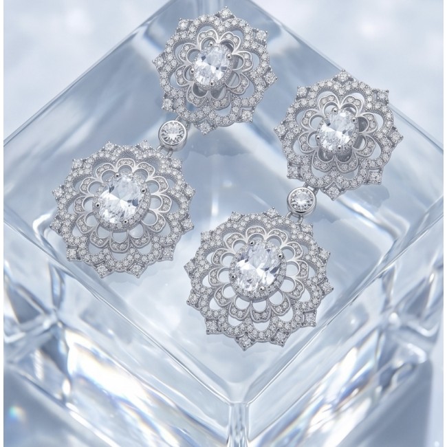 Elizabeth Natural 8.2 carat White Topaz .925 Sterling Silver handcrafted earrings - Top view of Elizabeth 8.2 carat white topaz sterling silver earrings.