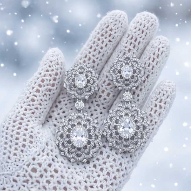 Elizabeth Natural 8.2 carat White Topaz .925 Sterling Silver handcrafted earrings - Elegant earrings on crochet glove in winter setting, front view.