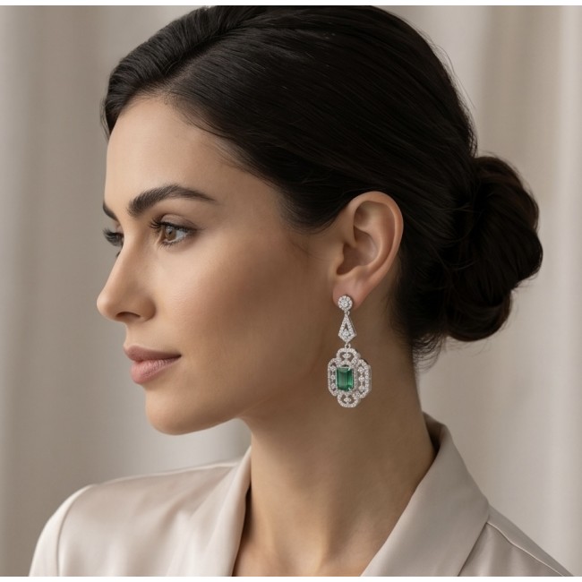 Magnificent Jewel 17.5 carat Emerald 14K white Gold over .925 Sterling Silver handcrafted earrings - Side view of 17.5 carat emerald earrings worn with elegant updo.