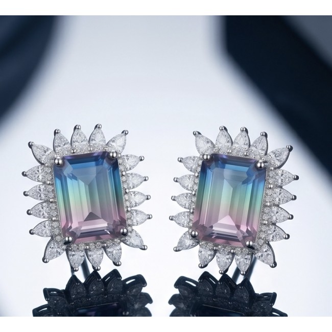 Isabella 8.2 carat emerald cut Brazilian Tourmaline .925 Sterling Silver Perfectly handcrafted earrings - Close-up of Brazilian Tourmaline earrings with diamond accents