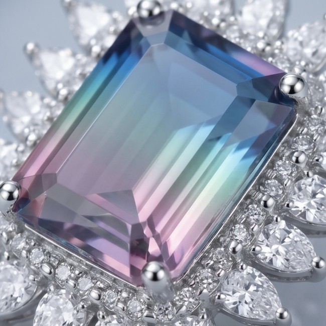 Isabella 8.2 carat emerald cut Brazilian Tourmaline .925 Sterling Silver Perfectly handcrafted earrings - Close-up of emerald cut Brazilian Tourmaline ring with diamond accents