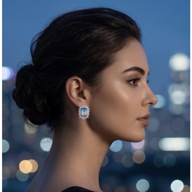 Isabella 8.2 carat emerald cut Brazilian Tourmaline .925 Sterling Silver Perfectly handcrafted earrings - Side view of Isabella Tourmaline earring worn at night.