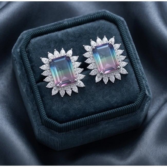Isabella 8.2 carat emerald cut Brazilian Tourmaline .925 Sterling Silver Perfectly handcrafted earrings - Emerald cut tourmaline earrings in velvet box, top view.