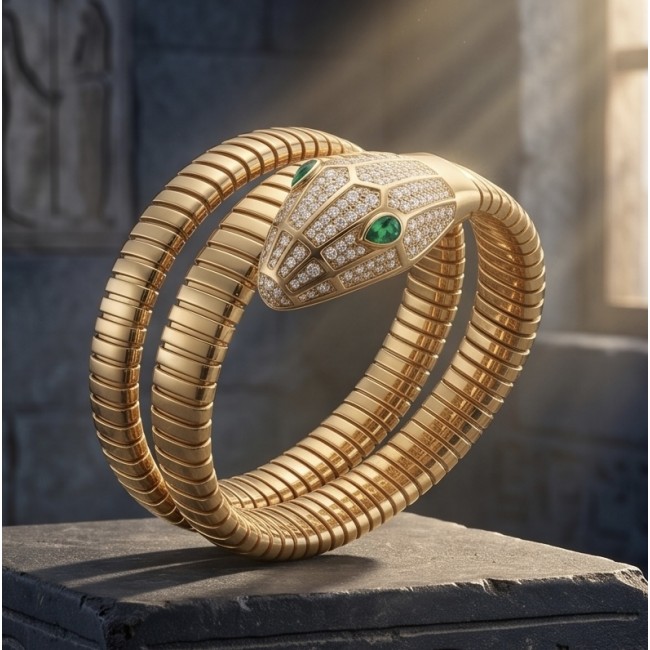 SERPENTINE Precious Snake Genuine 4.2 carat Emerald 925 Sterling Silver dipped in 18K Gold handcrafted Bracelet - Gold snake ring with emerald eyes, front view on a stone surface.