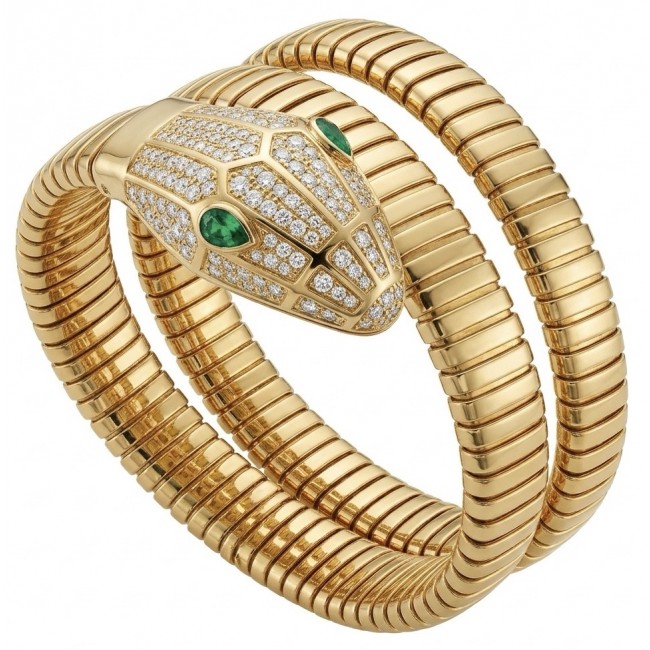 SERPENTINE Precious Snake Genuine 4.2 carat Emerald 925 Sterling Silver dipped in 18K Gold handcrafted Bracelet - Gold snake bracelet with emerald eyes, top view.