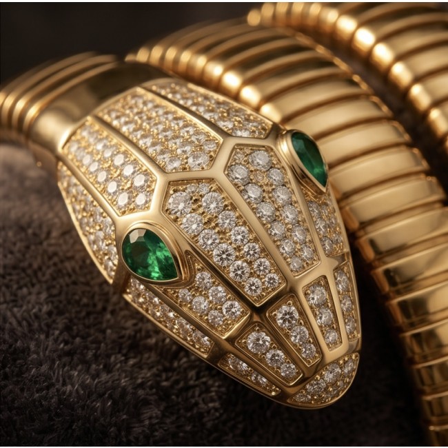 SERPENTINE Precious Snake Genuine 4.2 carat Emerald 925 Sterling Silver dipped in 18K Gold handcrafted Bracelet - Snake bracelet with emerald eyes, diamond details, close-up view.