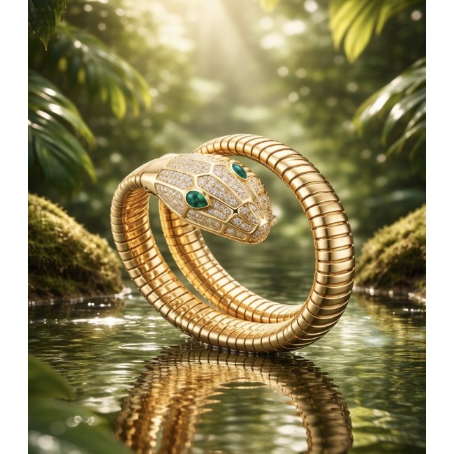 SERPENTINE Precious Snake Genuine 4.2 carat Emerald 925 Sterling Silver dipped in 18K Gold handcrafted Bracelet - Gold snake bracelet with emerald eyes in nature setting, side view.