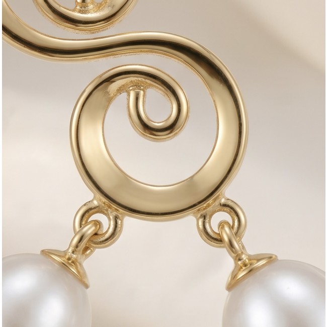 Sublime natural Pearl 18K Gold over .925 Sterling Silver handcrafted Earrings - Close-up of pearl and gold swirl detail on earring.