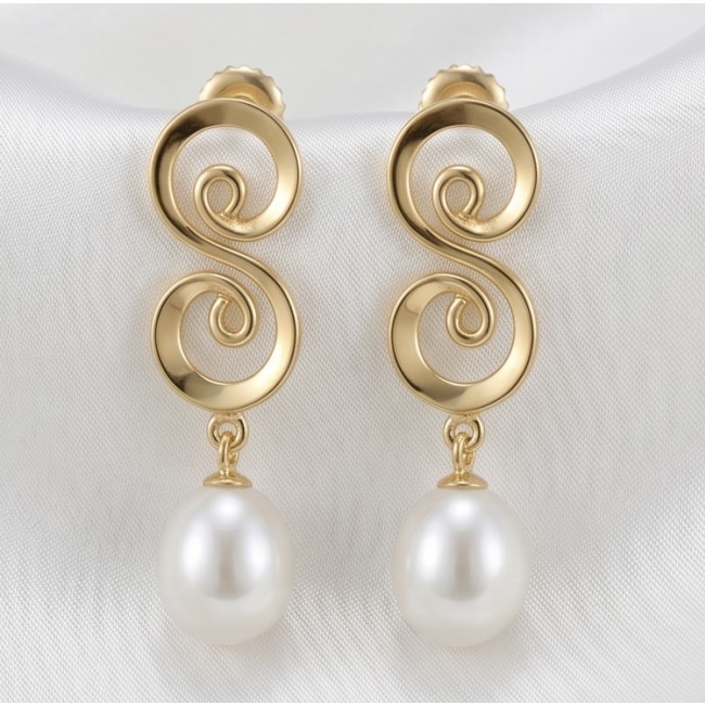 Sublime natural Pearl 18K Gold over .925 Sterling Silver handcrafted Earrings - Gold swirl earrings with pearls, front view, on white background