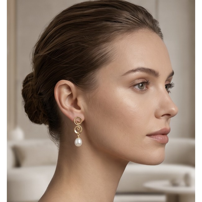 Sublime natural Pearl 18K Gold over .925 Sterling Silver handcrafted Earrings - Side view of pearl and gold earrings worn on a person