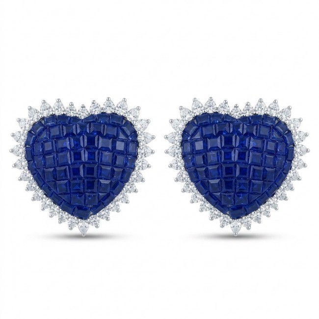 Precious Hearts mystery setting 11.8 carat Sapphire .925 Sterling Silver large earrings - Heart-shaped sapphire earrings with diamond border, front view.
