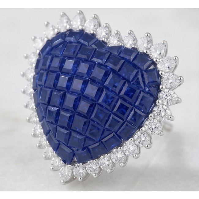 Precious Hearts mystery setting 11.8 carat Sapphire .925 Sterling Silver large earrings - Heart-shaped sapphire ring with diamond halo, stone close-up view
