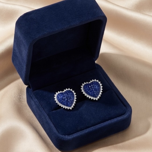 Precious Hearts mystery setting 11.8 carat Sapphire .925 Sterling Silver large earrings - Heart-shaped sapphire earrings in velvet box, top-down view.