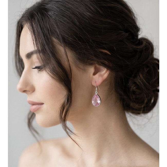 Sweet Memories 22.8 carat Pink Topaz rhodium over .925 Sterling Silver handcrafted Statement Earrings - Side view of pink topaz earrings worn on model.