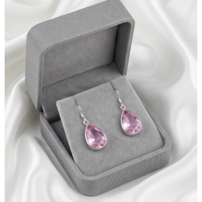 Sweet Memories 22.8 carat Pink Topaz rhodium over .925 Sterling Silver handcrafted Statement Earrings - Pink topaz earrings in gray box, front view.