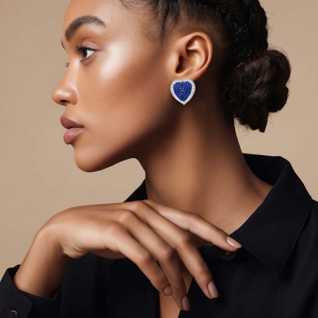 Precious Hearts mystery setting 11.8 carat Sapphire .925 Sterling Silver large earrings - Side view of model wearing Precious Hearts sapphire earrings.