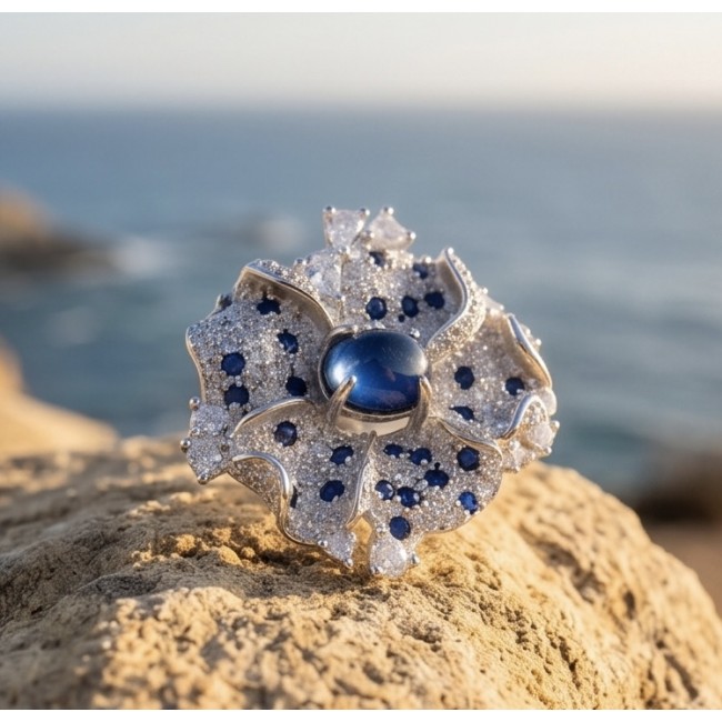 Blue Flower 12.2 carat natural Sapphire .925 Sterling Silver Perfectly handcrafted Ring s. 7 1/4 - Close-up of Blue Flower ring with sapphire and sterling silver on rock.