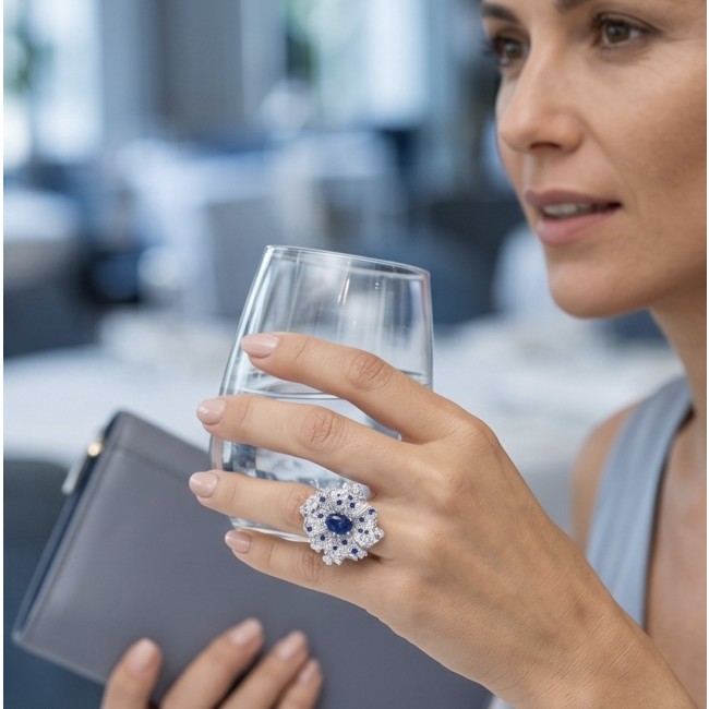 Blue Flower 12.2 carat natural Sapphire .925 Sterling Silver Perfectly handcrafted Ring s. 7 1/4 - Ring worn on hand, close-up of blue sapphire and silver flower design.