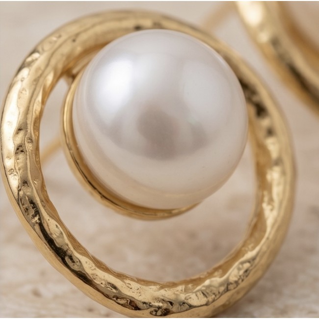 Classy Design - Genuine Pearl 14K Gold over .925 Sterling Silver handcrafted Statement Earrings - Close-up of a genuine pearl in a 14K gold over sterling silver setting.