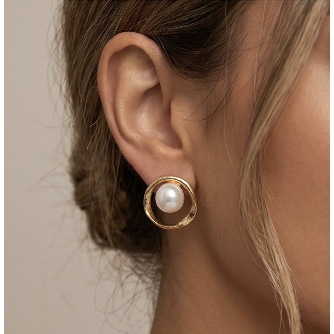 Classy Design - Genuine Pearl 14K Gold over .925 Sterling Silver handcrafted Statement Earrings - Side view of earring with genuine pearl in 14K gold setting.