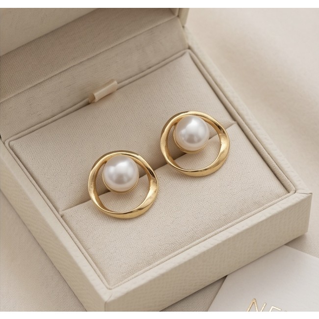Classy Design - Genuine Pearl 14K Gold over .925 Sterling Silver handcrafted Statement Earrings - Gold and pearl earrings in box, top view