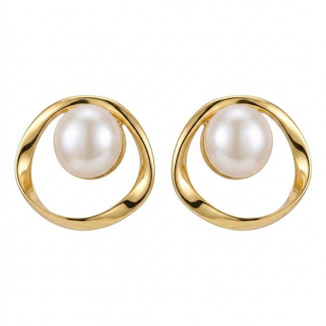Classy Design - Genuine Pearl 14K Gold over .925 Sterling Silver handcrafted Statement Earrings - Front view of gold and pearl earrings, Classy Design.