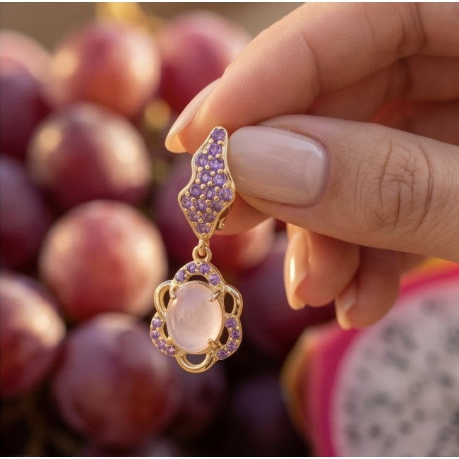 Scarlett 10.5 carat Rose Quartz Amethyst 22K Gold over .925 Sterling Silver handcrafted Statement Earrings - Close-up of Scarlett Rose Quartz Amethyst 22K Gold Earrings held in hand