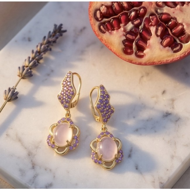 Scarlett 10.5 carat Rose Quartz Amethyst 22K Gold over .925 Sterling Silver handcrafted Statement Earrings - Earrings with rose quartz and amethyst on marble background, top view.