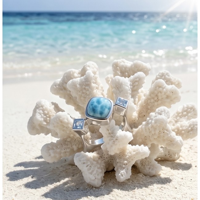 Caribbean Beauty 4.5 carat Genuine Blue Larimar .925 Sterling Silver handmade ring size 8 1/4 - Caribbean Beauty Larimar ring on coral with ocean background.