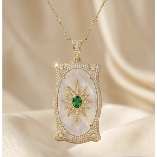 Precious Blister Pearl 2.4 carat Emerald 18K Gold over .925 Sterling Silver .925 Sterling Silver Necklace; 24 inches long - Pendant with emerald and pearl, front view, gold and diamond accents