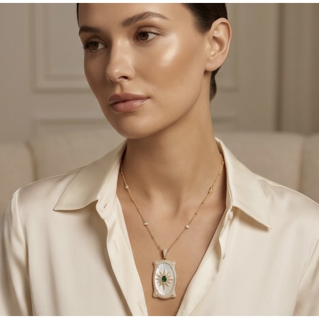 Precious Blister Pearl 2.4 carat Emerald 18K Gold over .925 Sterling Silver .925 Sterling Silver Necklace; 24 inches long - Woman wearing Precious Blister Pearl Emerald necklace, close-up view.