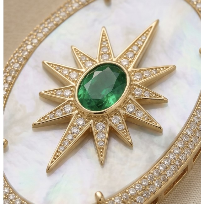 Precious Blister Pearl 2.4 carat Emerald 18K Gold over .925 Sterling Silver .925 Sterling Silver Necklace; 24 inches long - Close-up of emerald and diamond detail on gold jewelry piece.