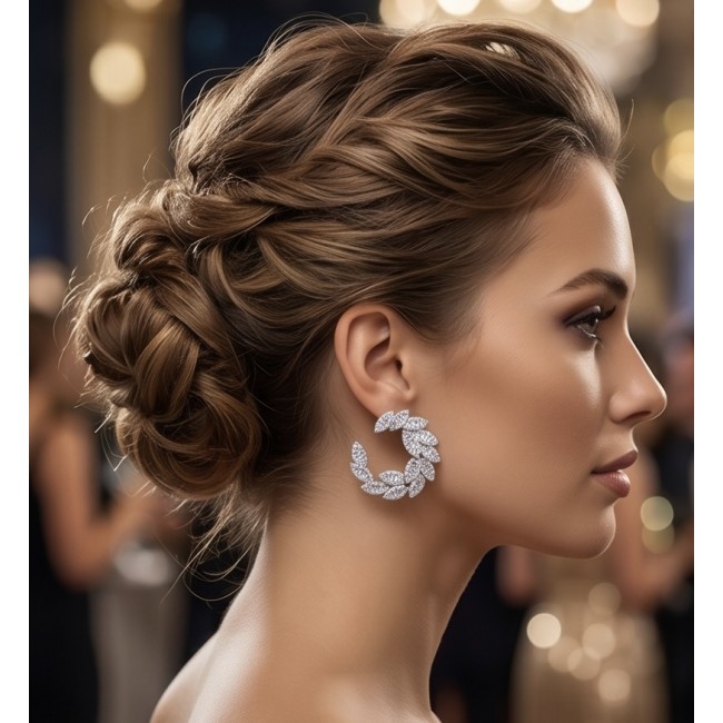 Veronica - Precious 14.5 carat White Topaz rhodium over .925 Sterling Silver Statement earrings - Side view of Veronica earrings worn at an elegant event.