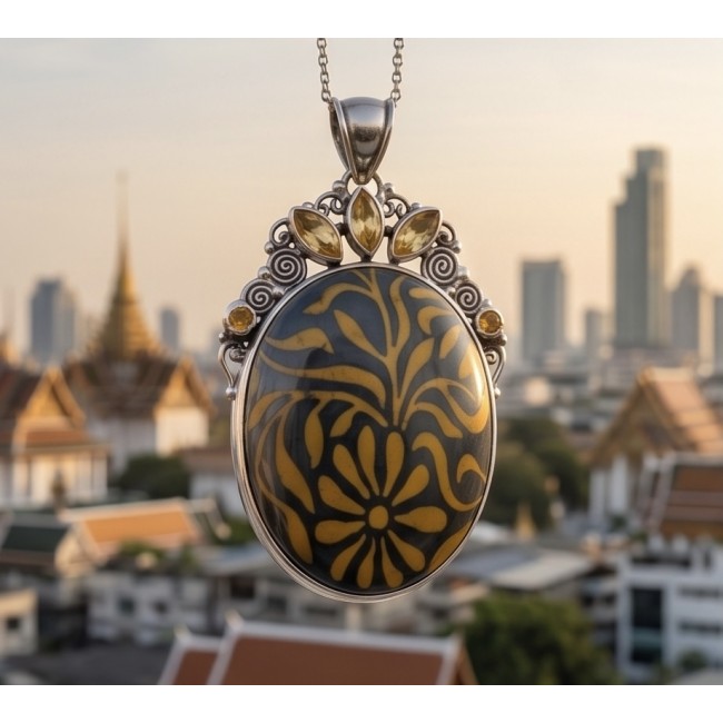 Exotic Beauty Silver Hematite Citrine .925 Sterling Silver handmade Pendant - Pendant close-up against a city skyline background.