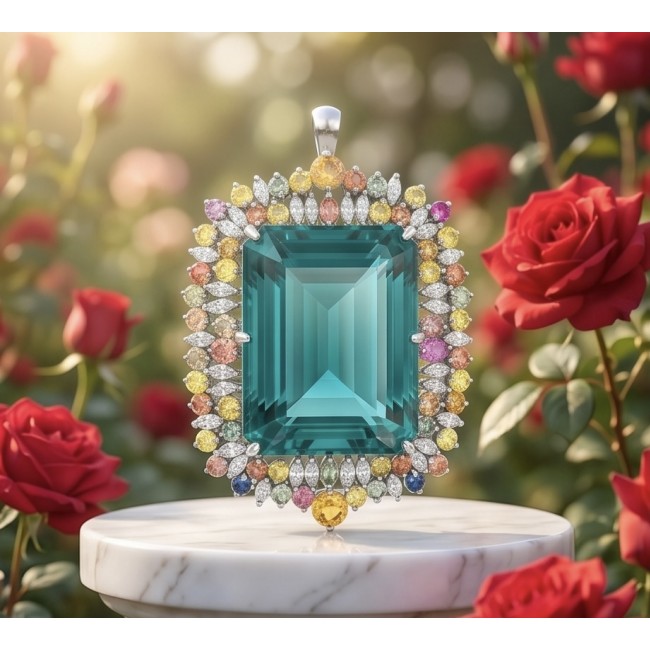 Ofelia 85.8 carat Vintage style Chrom Diopside from Eastern Siberia .925 Sterling Silver DIPPED IN RHODIUM handmade LARGE Pendant - Brooch - Close-up of Ofelia 85.8 carat Chrom Diopside pendant with floral backdrop