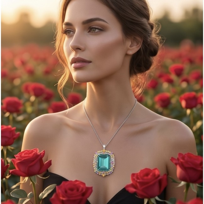 Ofelia 85.8 carat Vintage style Chrom Diopside from Eastern Siberia .925 Sterling Silver DIPPED IN RHODIUM handmade LARGE Pendant - Brooch - Woman wearing Ofelia 85.8 ct vintage Chrom Diopside necklace in a rose garden.