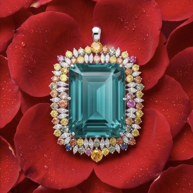 Ofelia 85.8 carat Vintage style Chrom Diopside from Eastern Siberia .925 Sterling Silver DIPPED IN RHODIUM handmade LARGE Pendant - Brooch - Close-up of Ofelia 85.8 carat vintage-style Chrom Diopside pendant.