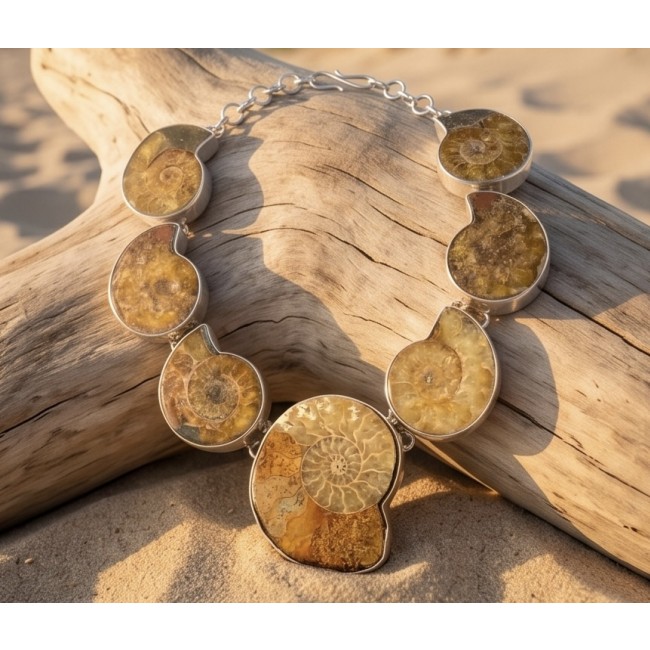 Large 155.2g Aura Of Beauty genuine Ammonite from dinosaurs Era .925 Sterling Silver handcrafted Necklace - Front view of Ammonite necklace on driftwood background.