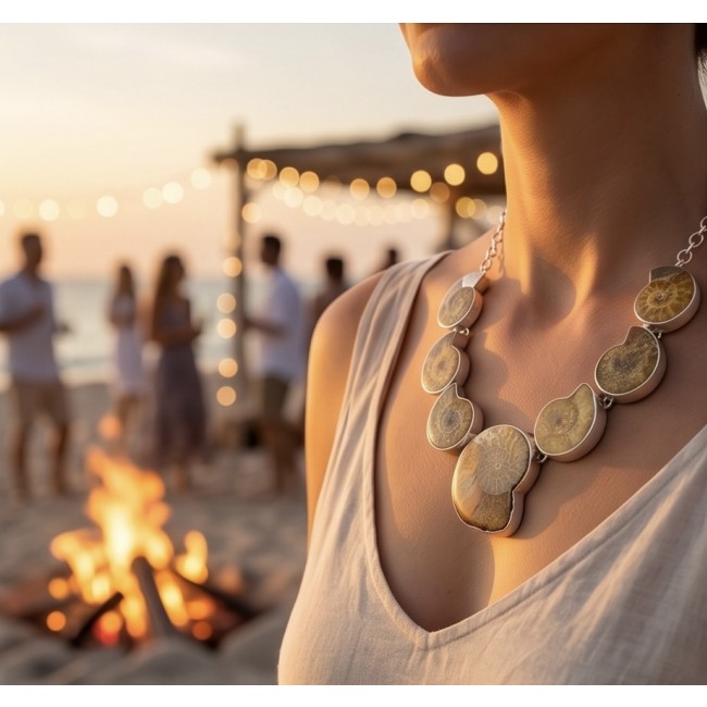 Large 155.2g Aura Of Beauty genuine Ammonite from dinosaurs Era .925 Sterling Silver handcrafted Necklace - Beach scene with Ammonite necklace worn, close-up at sunset.